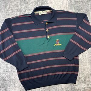 VTG State of Art Knitwear Sweater Men Medium Navy Striped Polo Rugby Style Crest